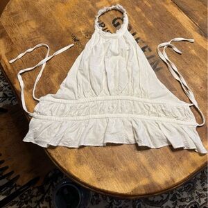 Free People Ivory Gauze Halter Top Ruffle Boho Tie Neck Tank Medium NWOT